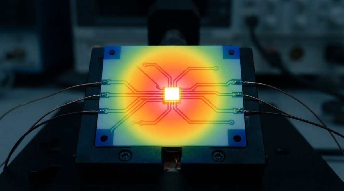 Infrared thermograph showing heat spreading across a ceramic PCB substrate