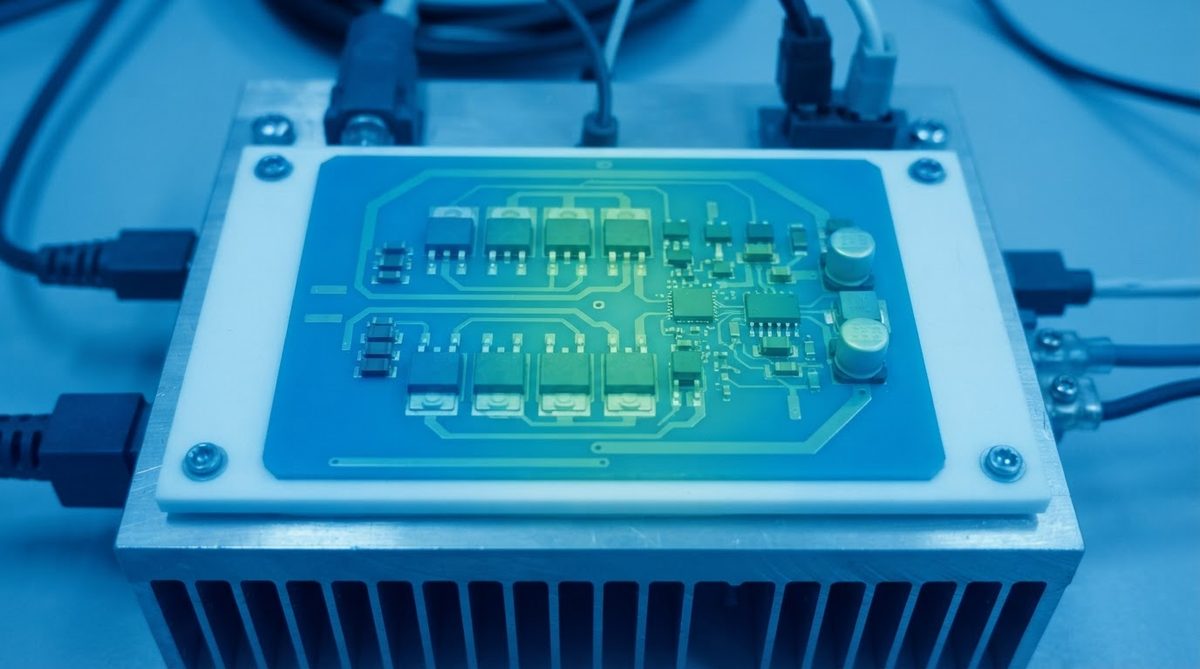 Thermal camera view of a ceramic PCB spreading heat from a power device