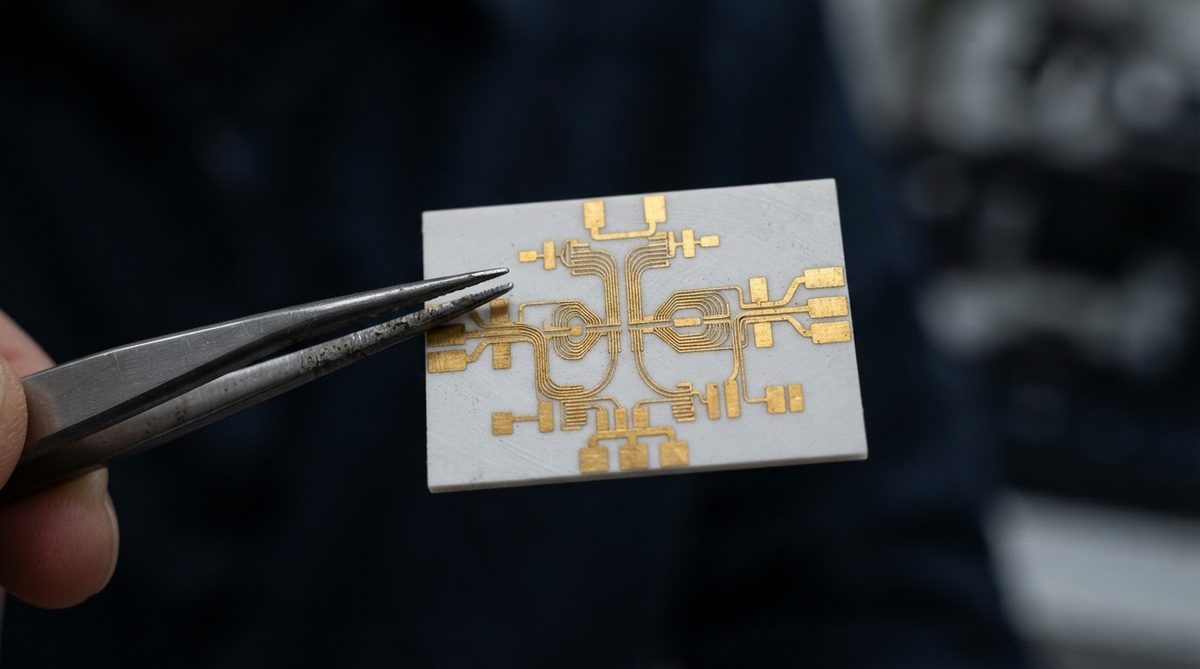 Gold thin-film traces on a miniature ceramic RF filter substrate
