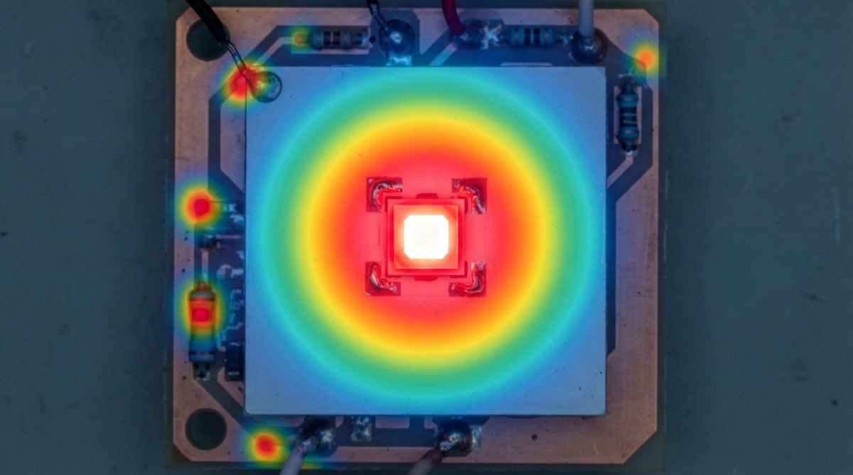 Infrared thermal image showing heat spread from an LED die mounted on a substrate