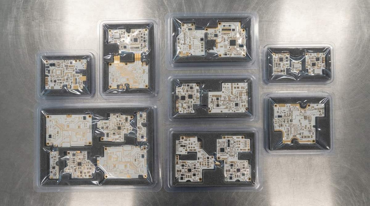 Ceramic PCBs in vacuum-sealed anti-static packaging trays ready for shipment