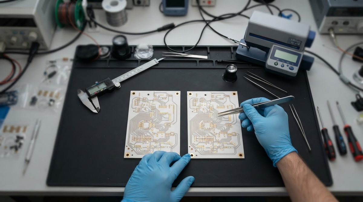 Engineer comparing ceramic circuit boards with measurement tools on a lab bench
