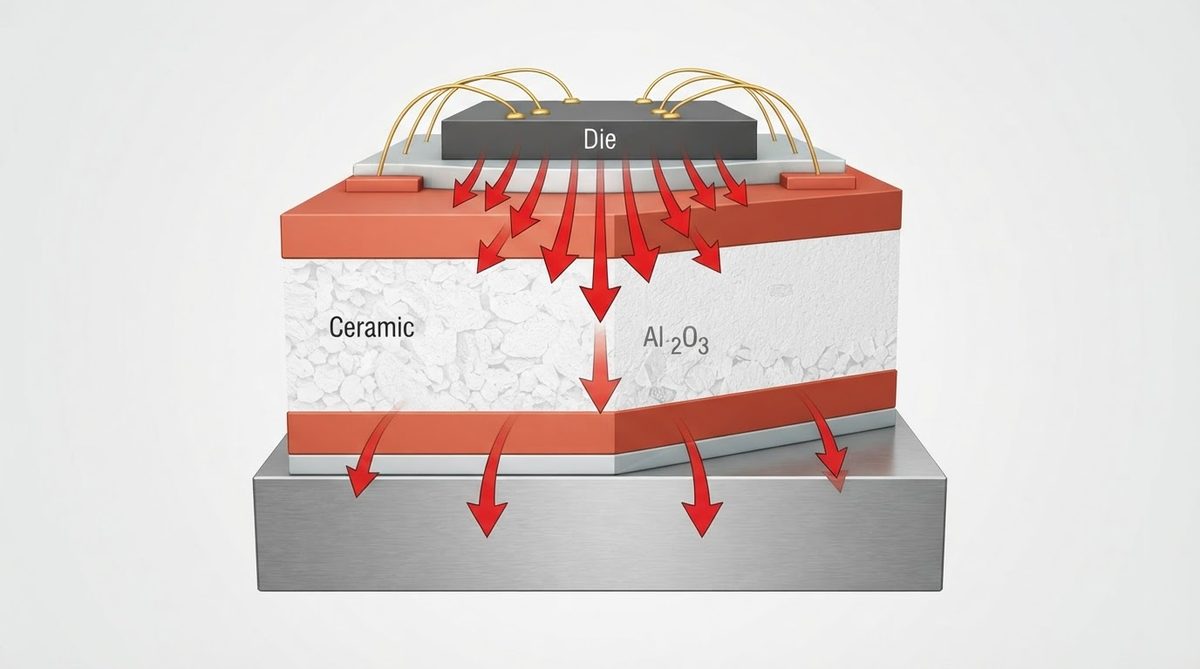 Cross-section diagram of a ceramic substrate thermal stack from die to baseplate