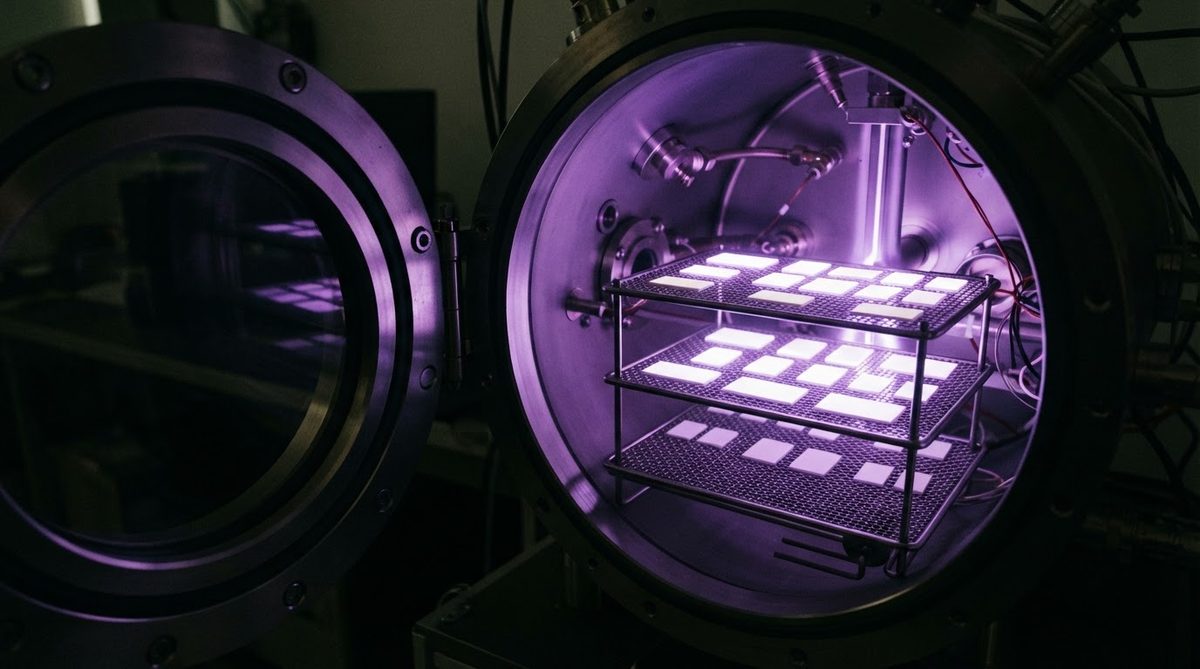 Ceramic substrates undergoing oxygen plasma cleaning in a vacuum chamber