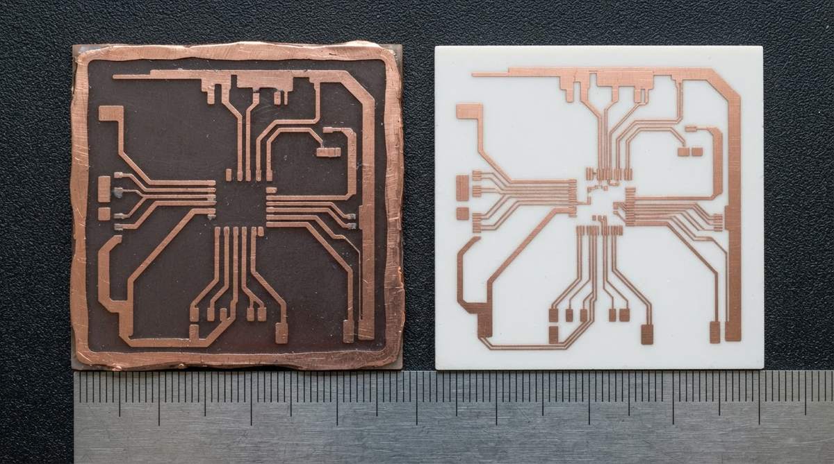 DBC and DPC ceramic boards side by side with ruler showing trace resolution difference