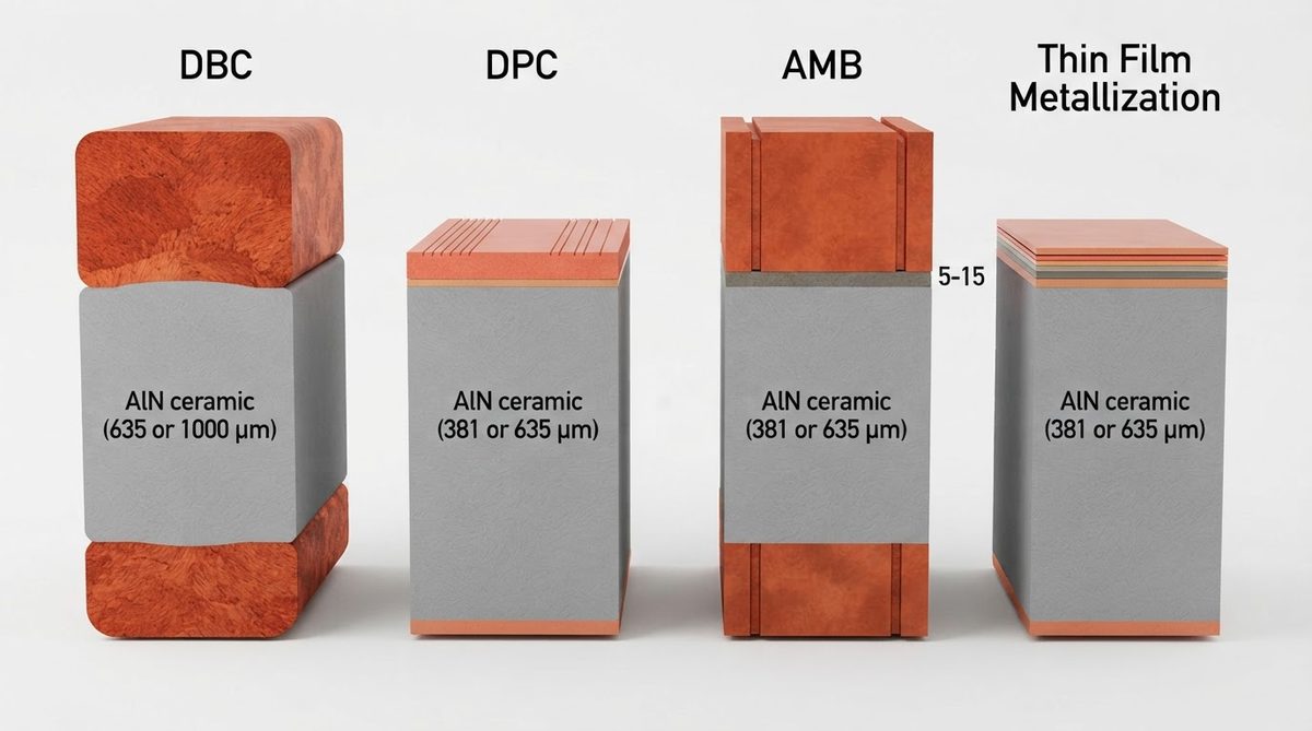 Cross-section comparison of DBC, DPC, AMB, and thin-film copper bonding on AlN