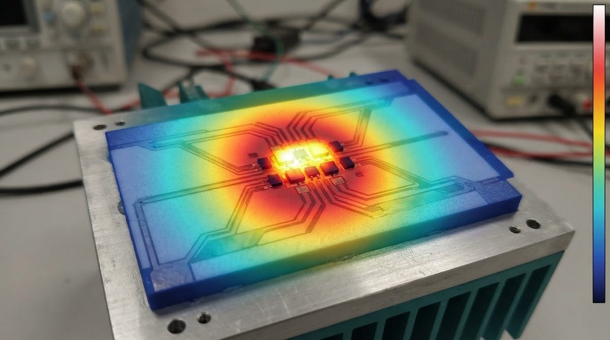 Thermal image showing heat spread across a copper-metallized AlN power module