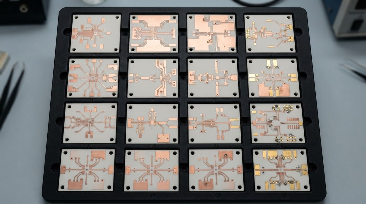 Array of copper metallized alumina substrates with various circuit patterns