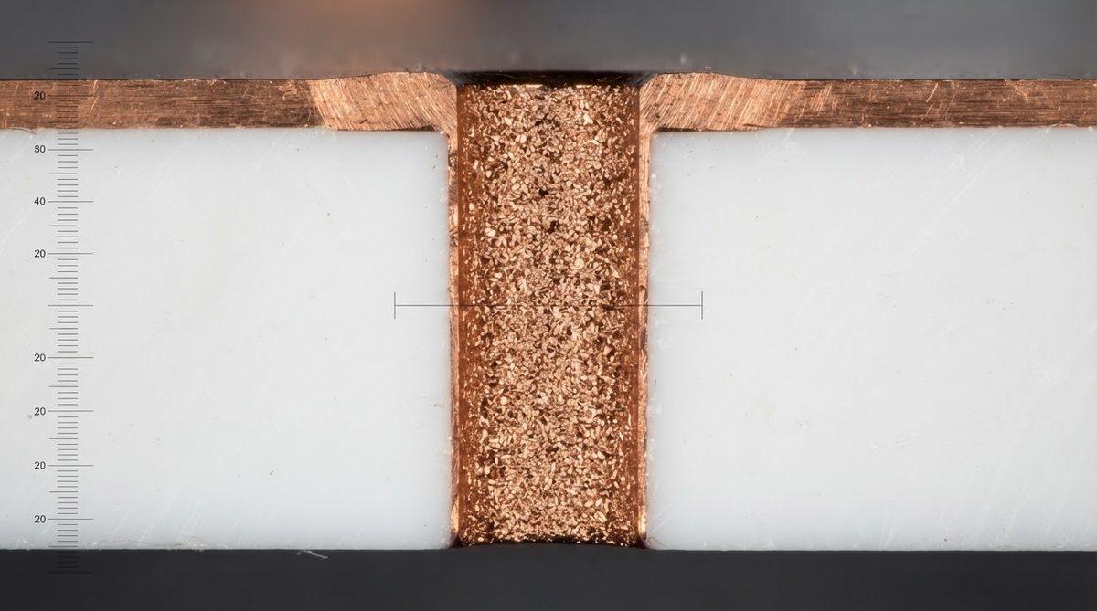 Cross-section of a copper-filled via in a ceramic substrate under microscope