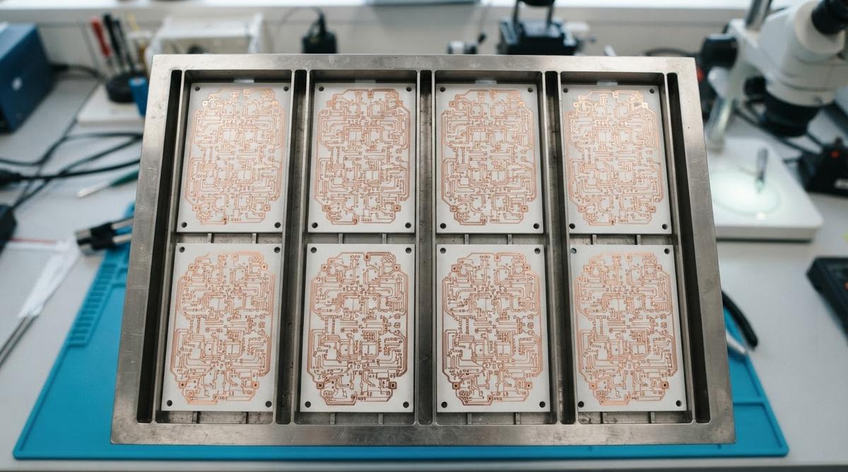 Copper-plated ceramic PCB panels with fine traces on a processing rack