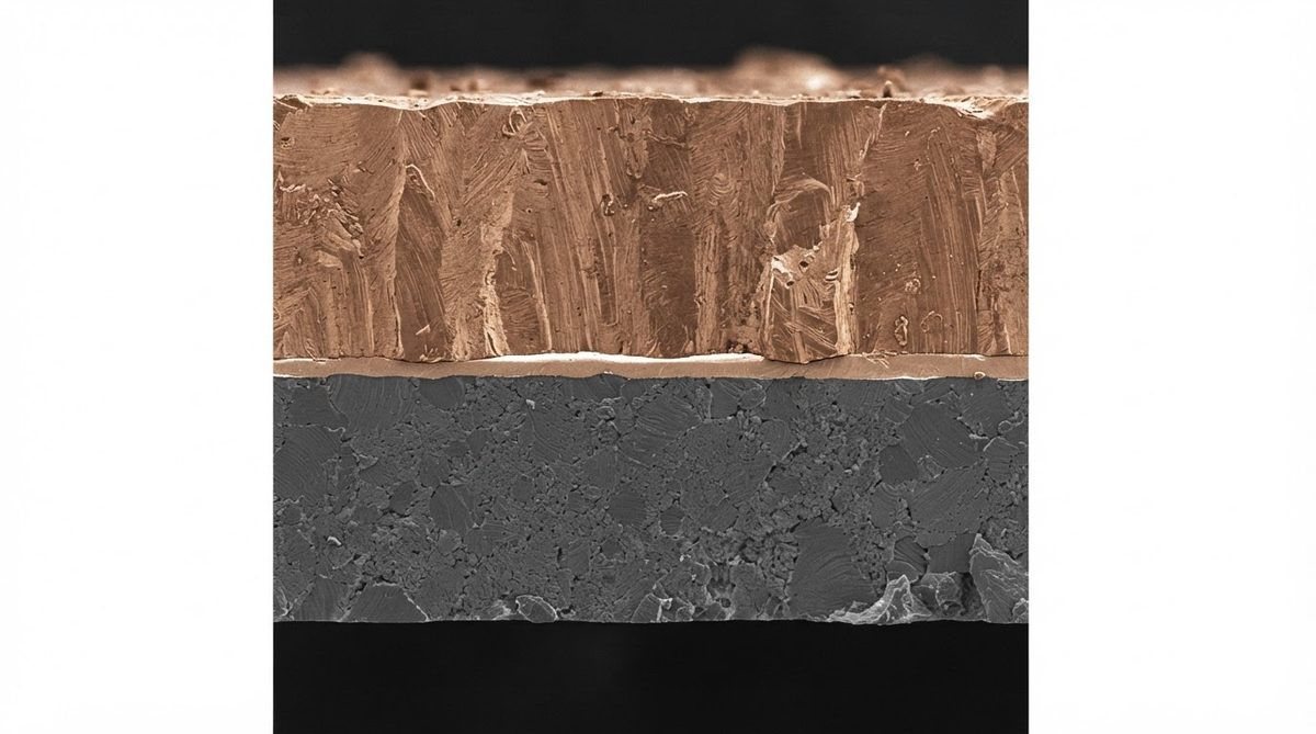 Cross-section of copper plating on ceramic showing seed layer and bulk copper