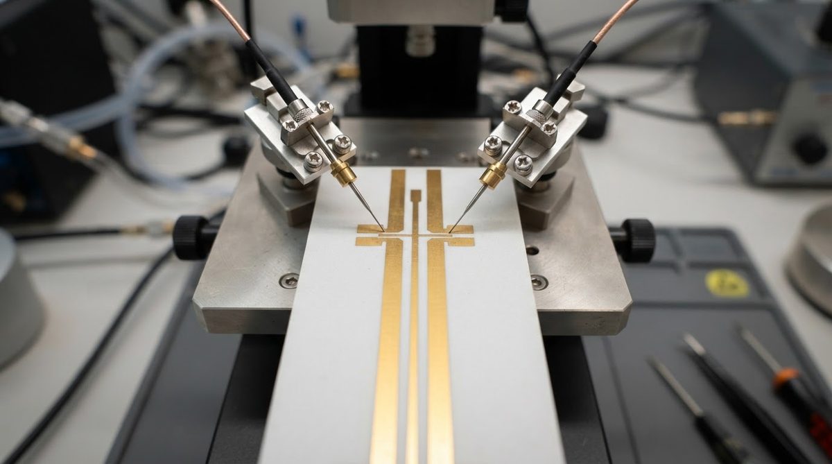 RF probes contacting CPW pads on a ceramic test fixture