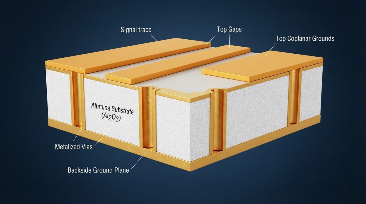 Cross-section diagram of a grounded coplanar waveguide on ceramic substrate