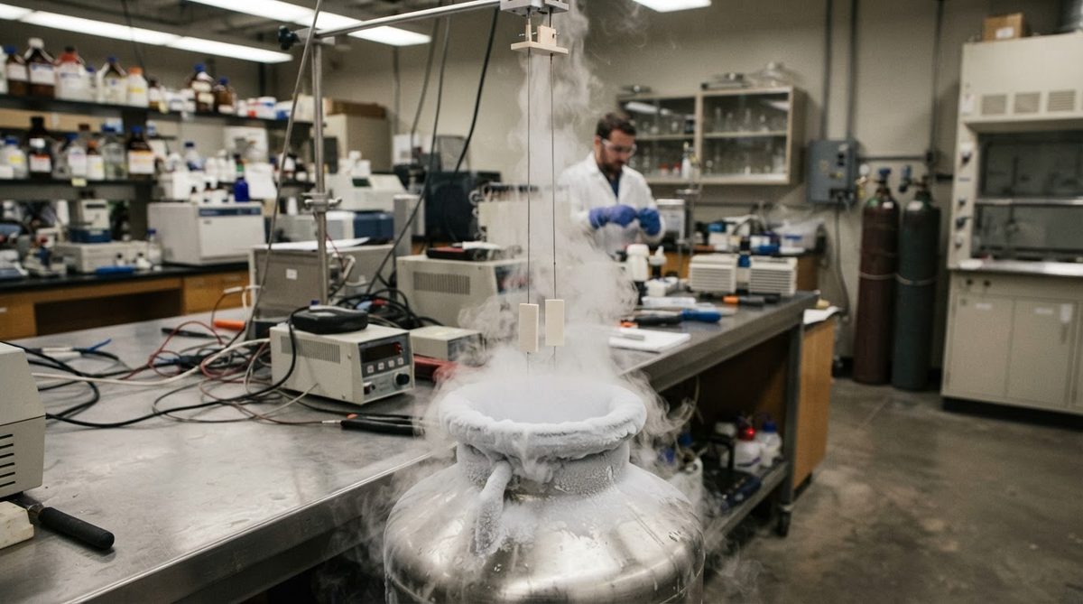 Ceramic substrate test coupons being lowered into a liquid-nitrogen dewar for thermal cycling