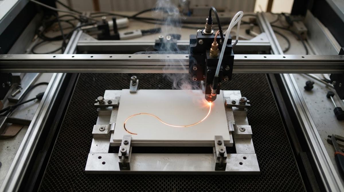 Laser cutting machine profiling a curved outline on a ceramic substrate