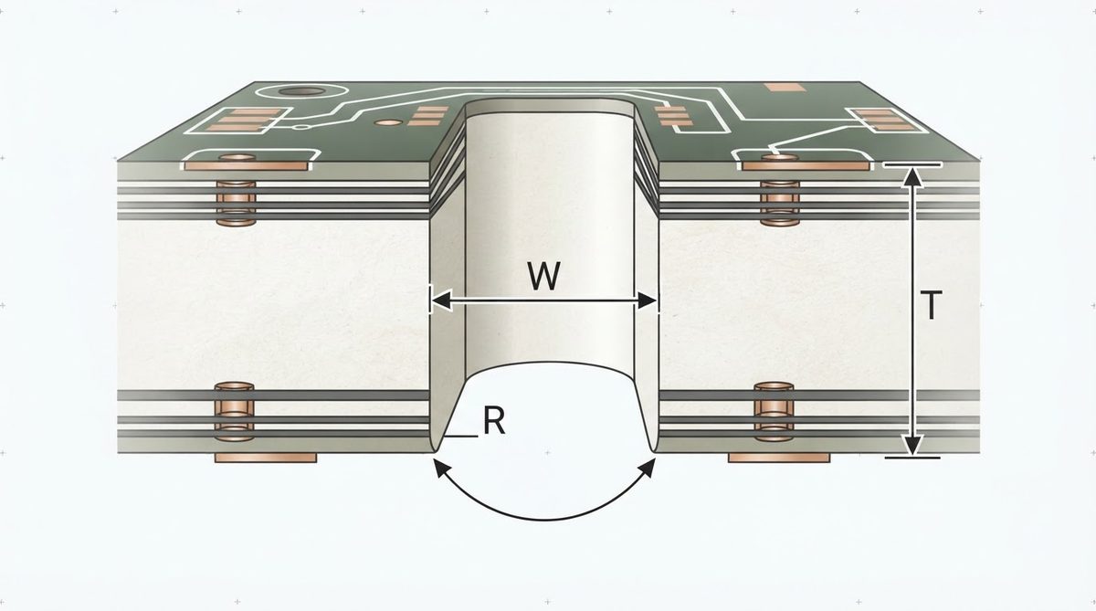 Annotated cross-section diagram of slot width and corner radius rules for ceramic substrates