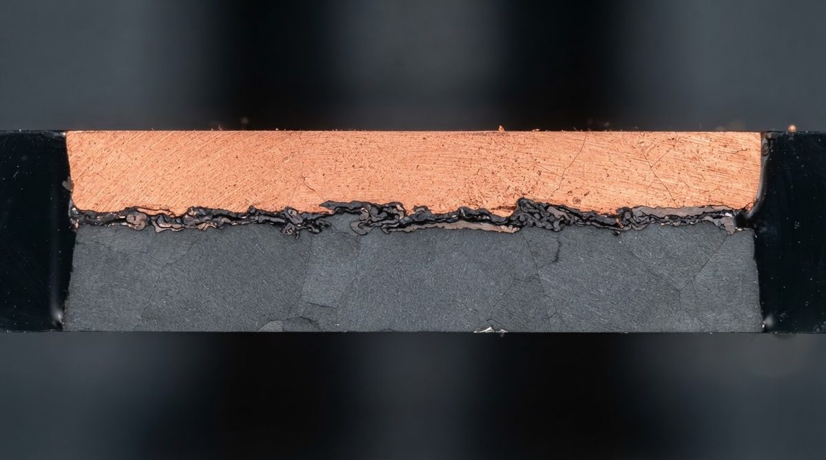 Cross-section of a DBC bond interface between copper and aluminum nitride ceramic