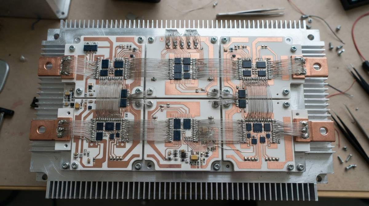 Power module assembly with DBC substrates, wire bonds, and semiconductor die