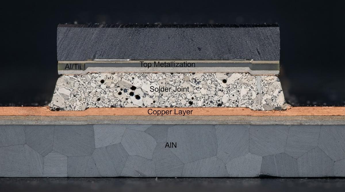 Cross-section of a solder bond line between a die and AlN substrate