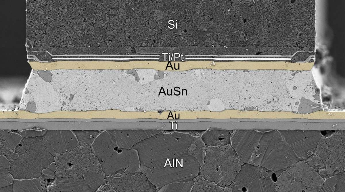 Cross-section micrograph showing AuSn solder bond between a die and AlN substrate