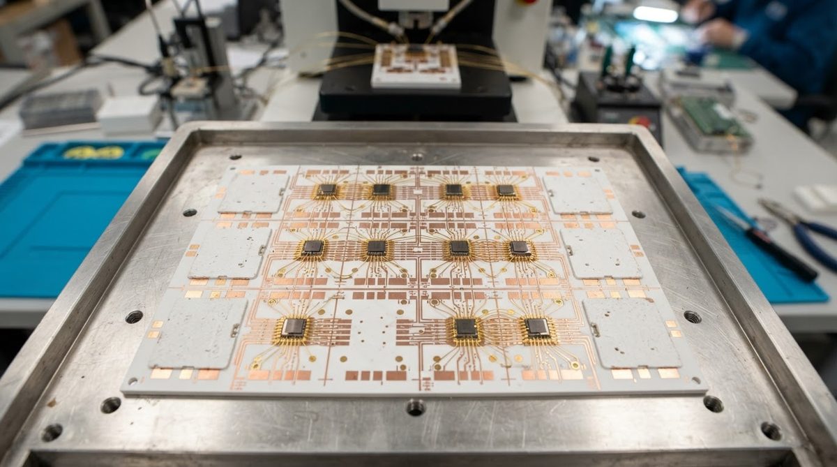 Ceramic substrate panel with multiple SiC die attached, on a production tray