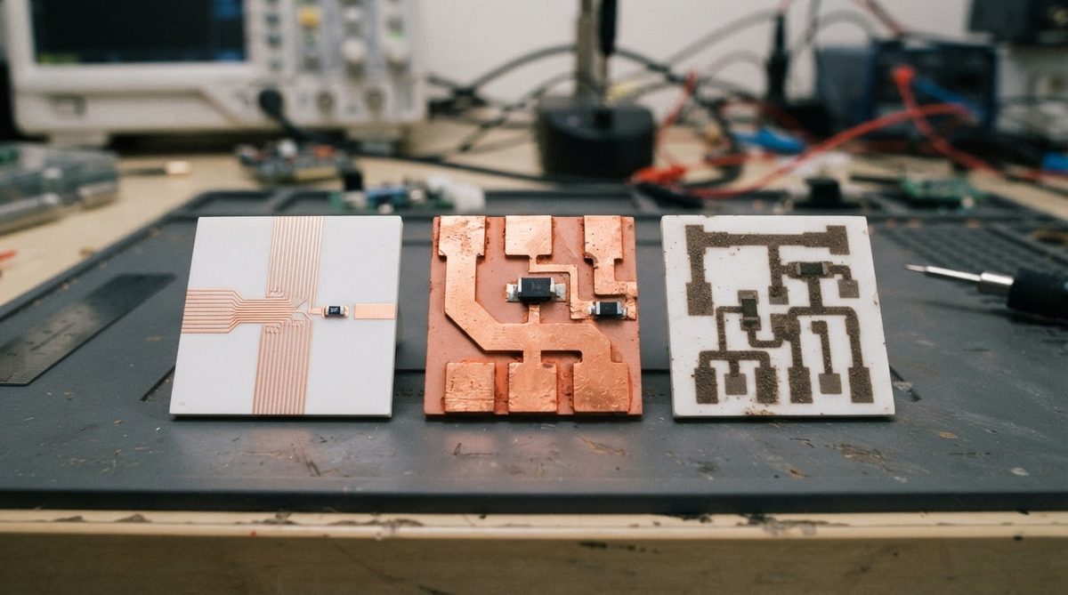 Three ceramic PCBs comparing DPC, DBC, and thick-film metallization methods
