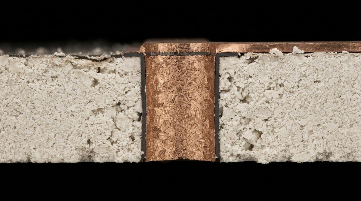 Cross-section of a copper-filled laser-drilled via in a ceramic substrate