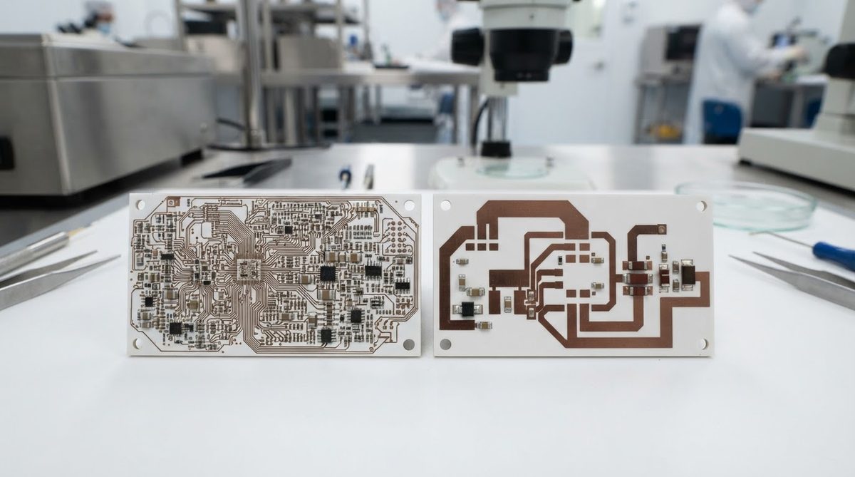DPC and thick-film ceramic PCBs compared side by side on an inspection table
