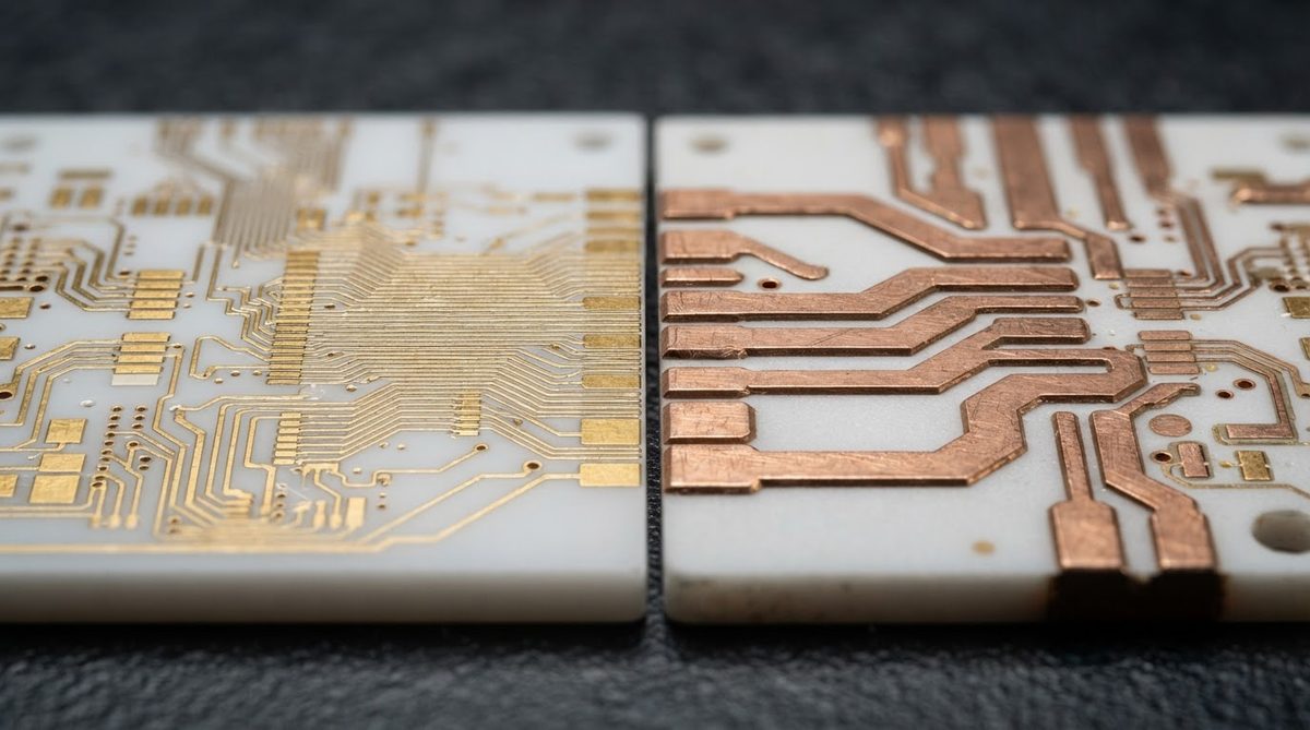 Side-by-side comparison of thin film and DPC copper on ceramic substrates