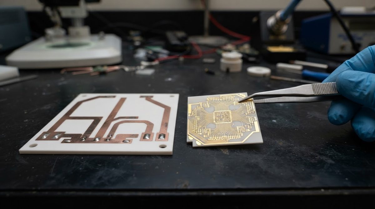 Side-by-side DPC and thin film ceramic PCBs showing trace width difference