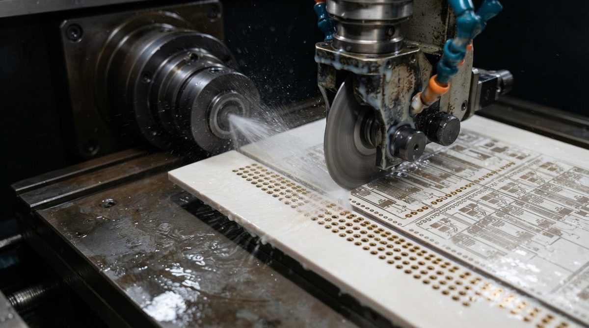 Diamond-blade dicing saw cutting through a ceramic panel to form castellations