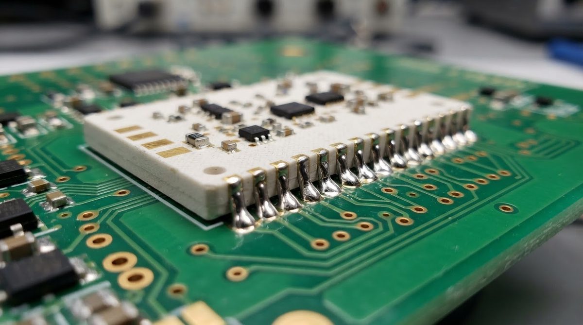 Castellated ceramic module soldered to an FR-4 carrier board with visible solder fillets
