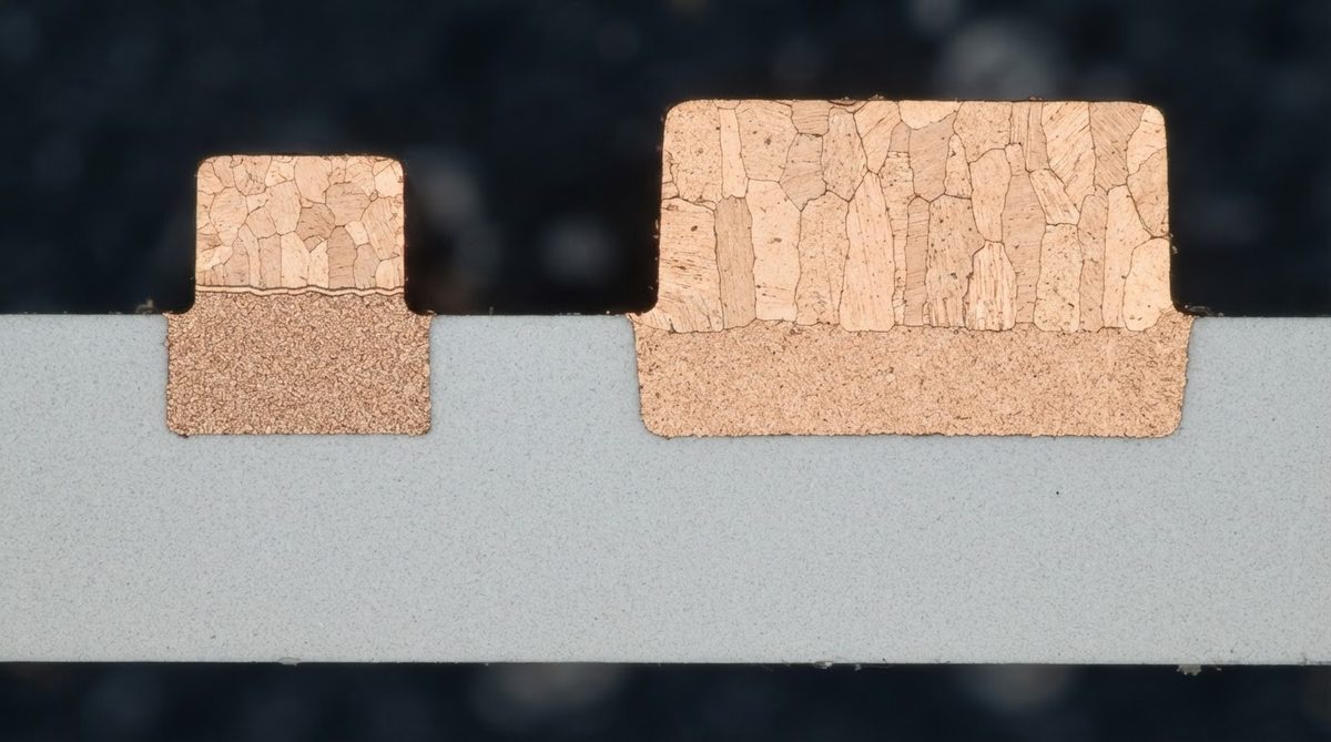 Cross-section micrograph comparing thin electroless and thick electroplated copper on ceramic