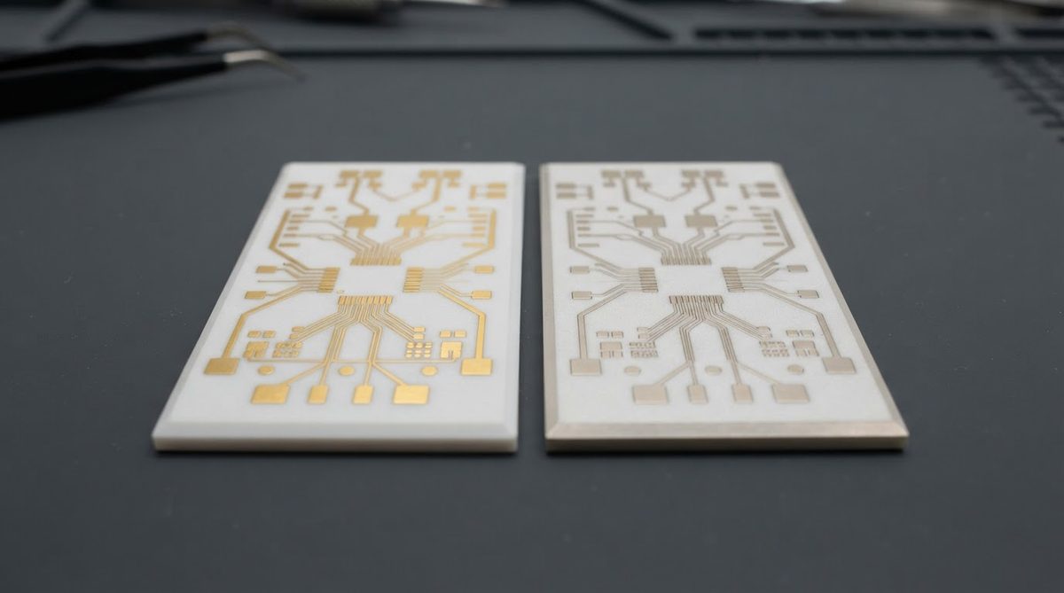 ENIG and ENEPIG finished PCB coupons side by side for visual comparison