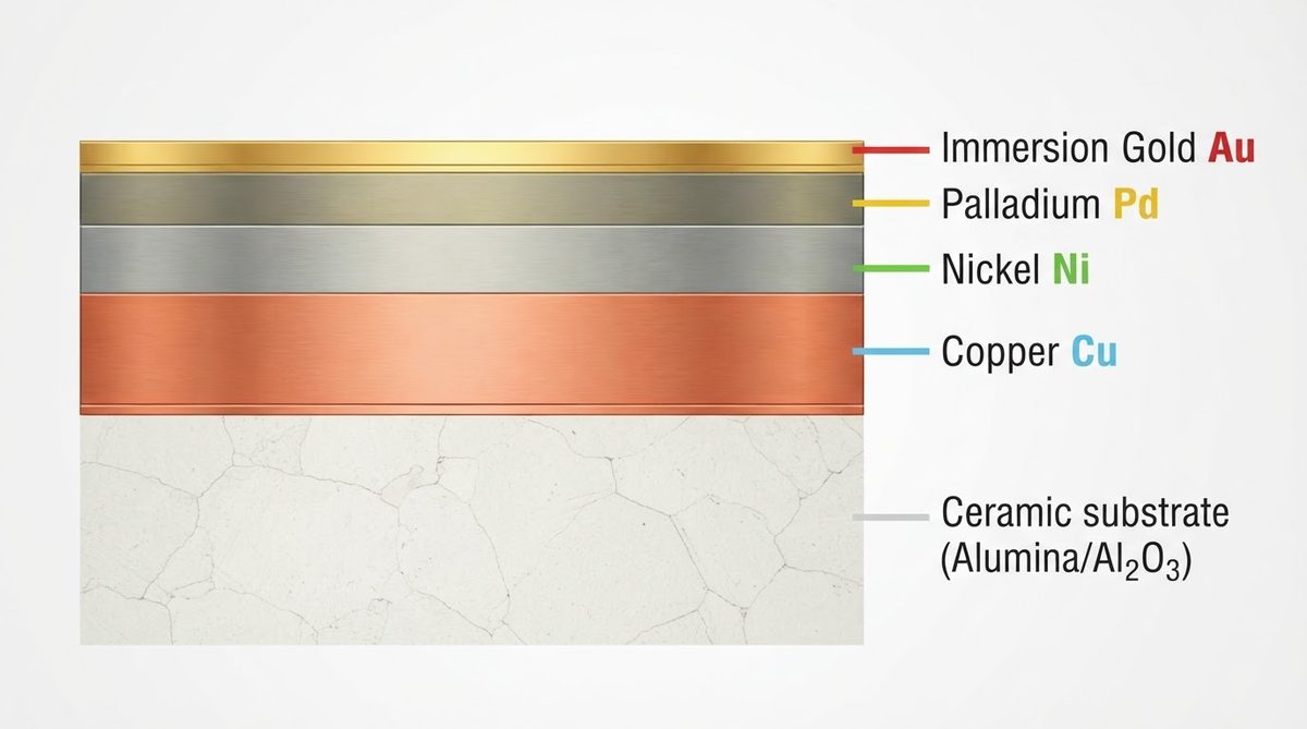 Cross-section diagram of the ENEPIG layer stack on ceramic
