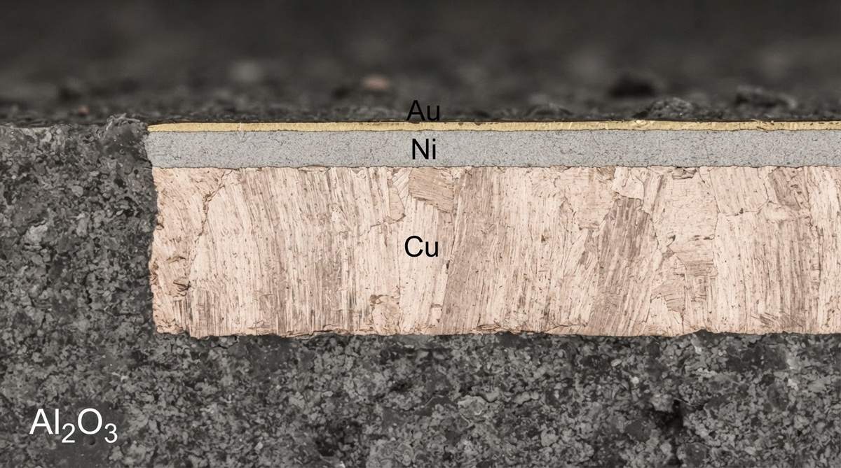Cross-section of ENIG layers: nickel barrier and gold cap over copper metallization