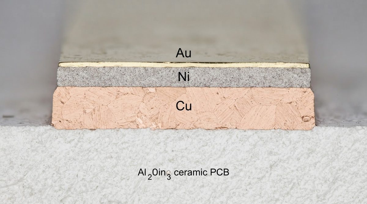 Cross-section micrograph showing nickel and gold layers of an ENIG finish on copper