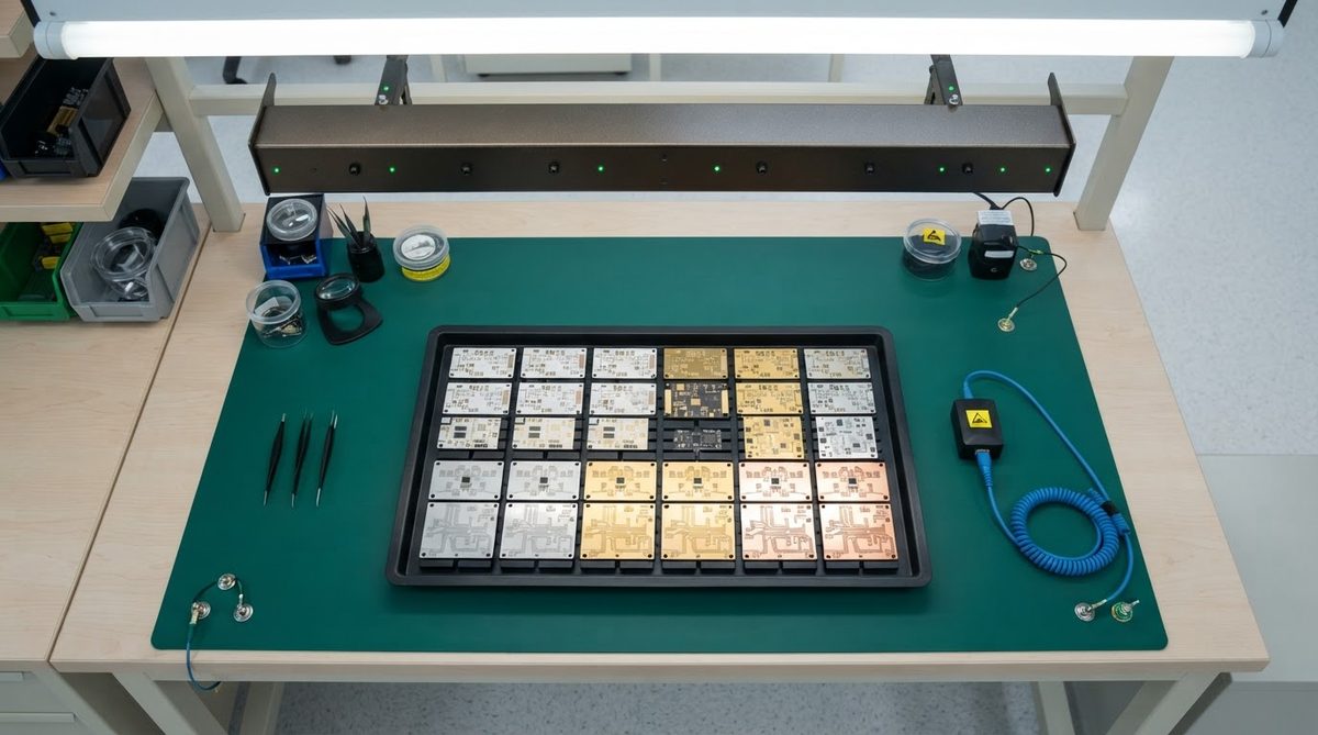 ESD-safe bench setup with ionizer and conductive tray for ceramic boards