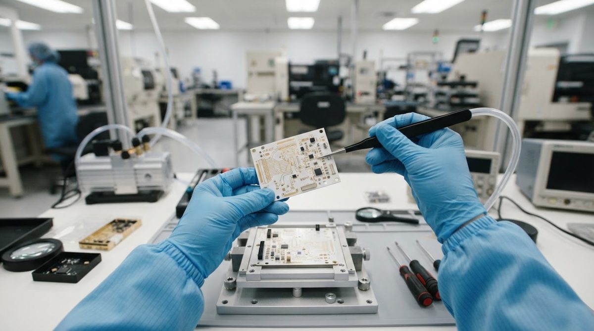 Engineer handling a thin ceramic substrate with vacuum tweezers