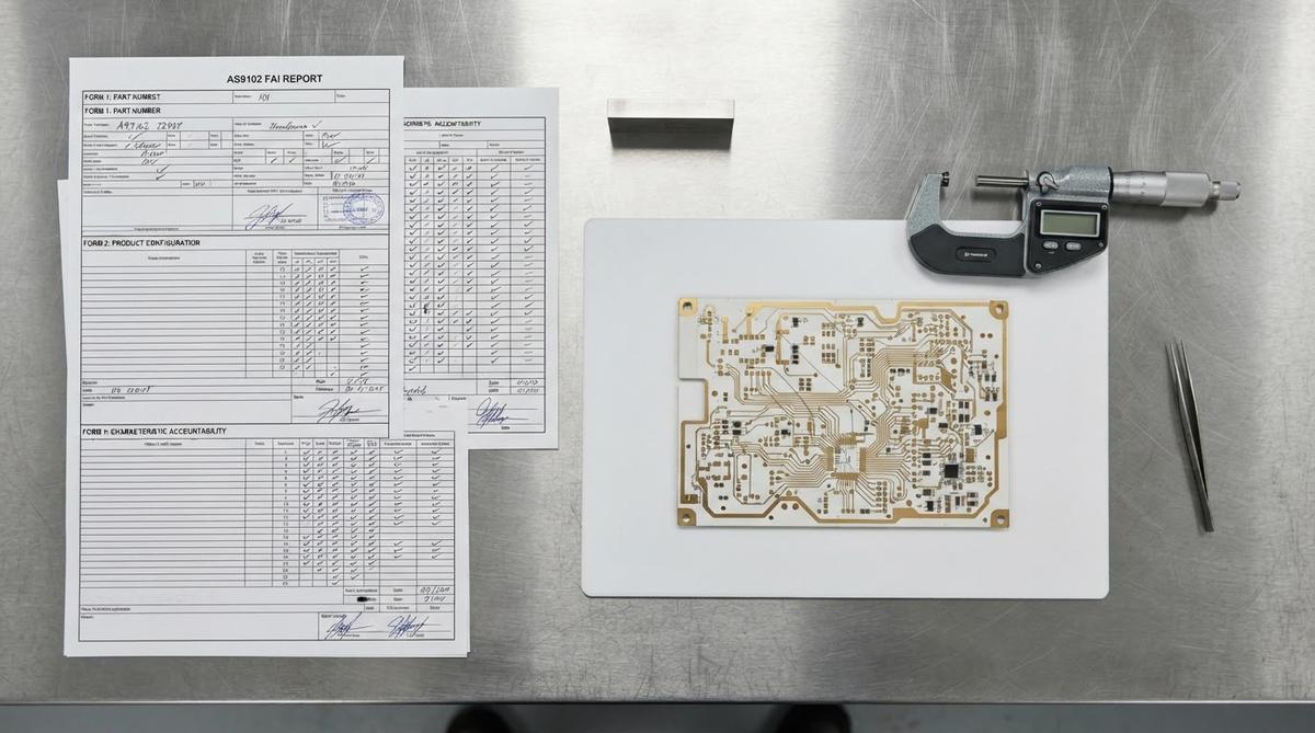 AS9102 FAI report forms alongside a ceramic board sample and micrometer
