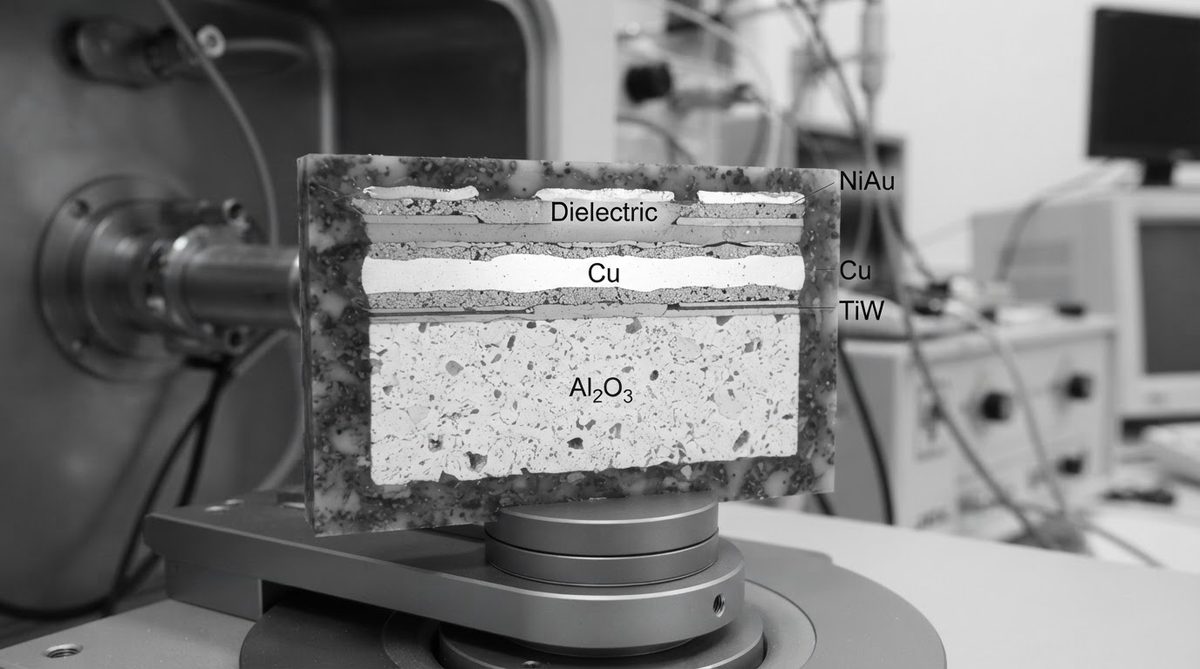Cross-section of a ceramic PCB showing metallisation layers under magnification