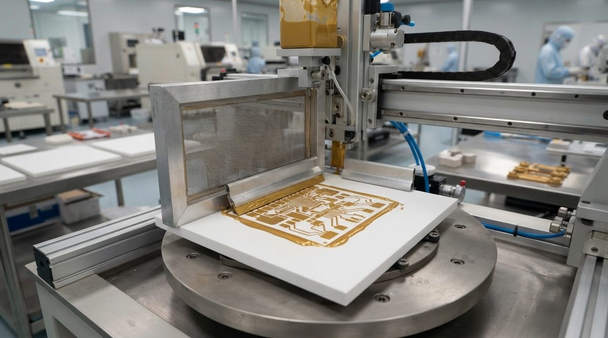 Thick-film gold paste being screen-printed onto an alumina ceramic panel