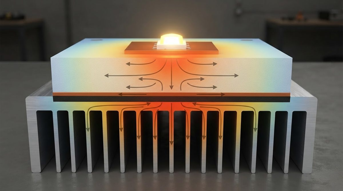 Cutaway of ceramic PCB showing heat spreading from LED through AlN substrate to heat sink