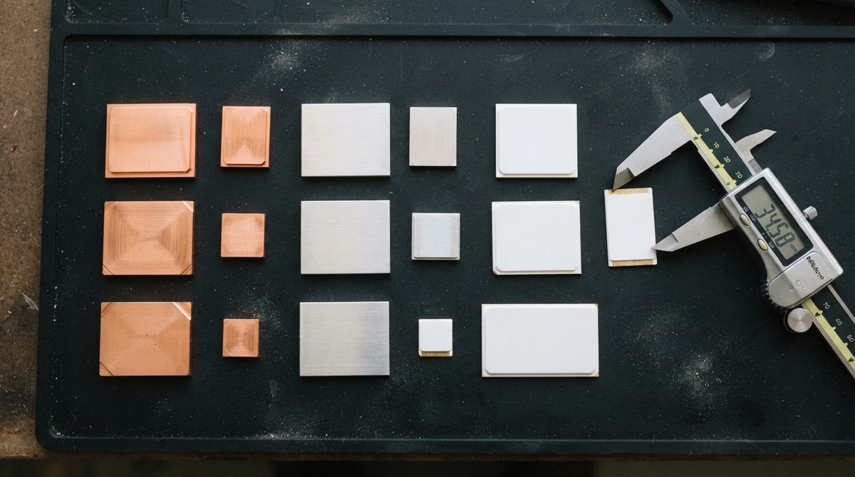 Copper, aluminum, and ceramic heat spreader samples with calipers for scale