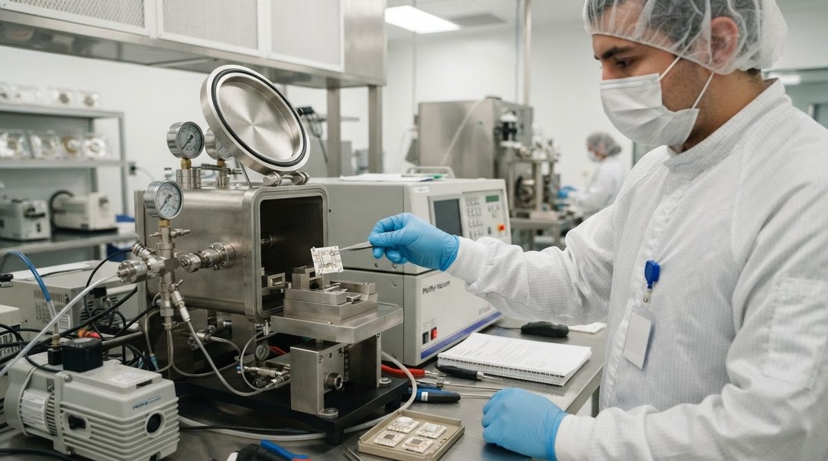 Technician performing helium fine-leak test on a ceramic package