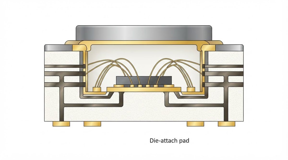 Cross-section of a hermetic ceramic package with solder-sealed lid