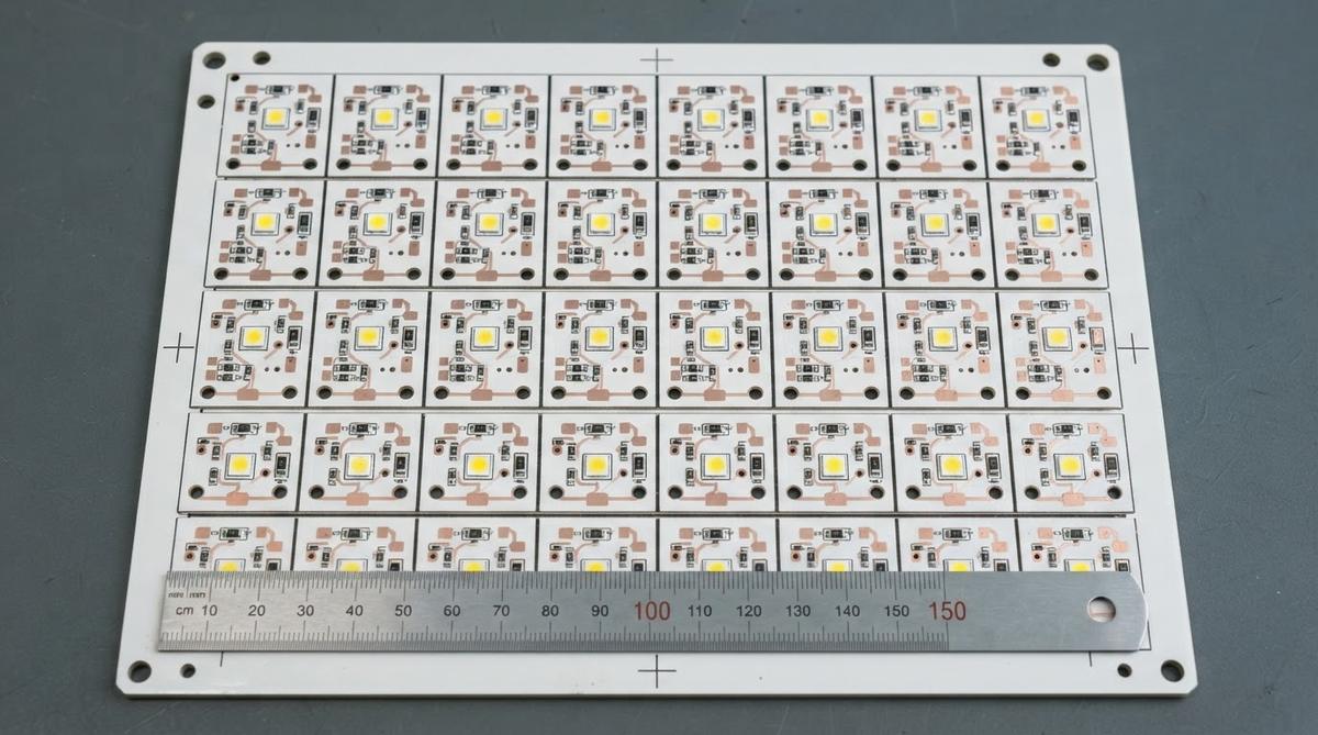 Production panel of ceramic LED PCBs scored for singulation