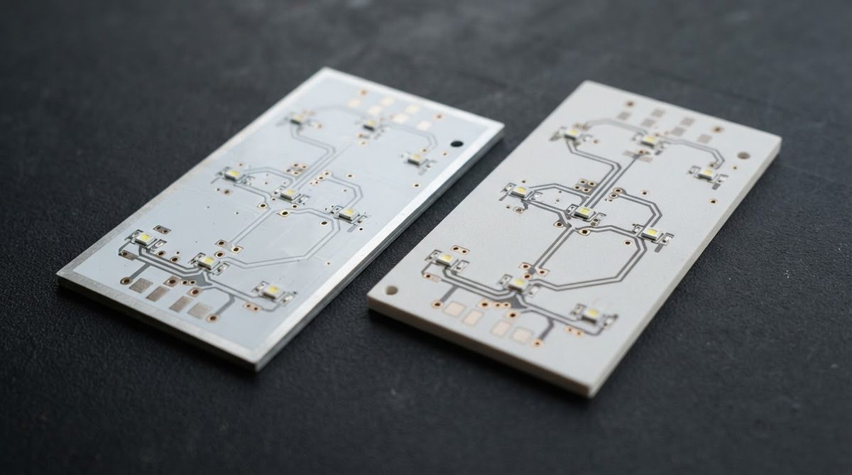 Aluminum MCPCB next to an alumina ceramic PCB for size comparison