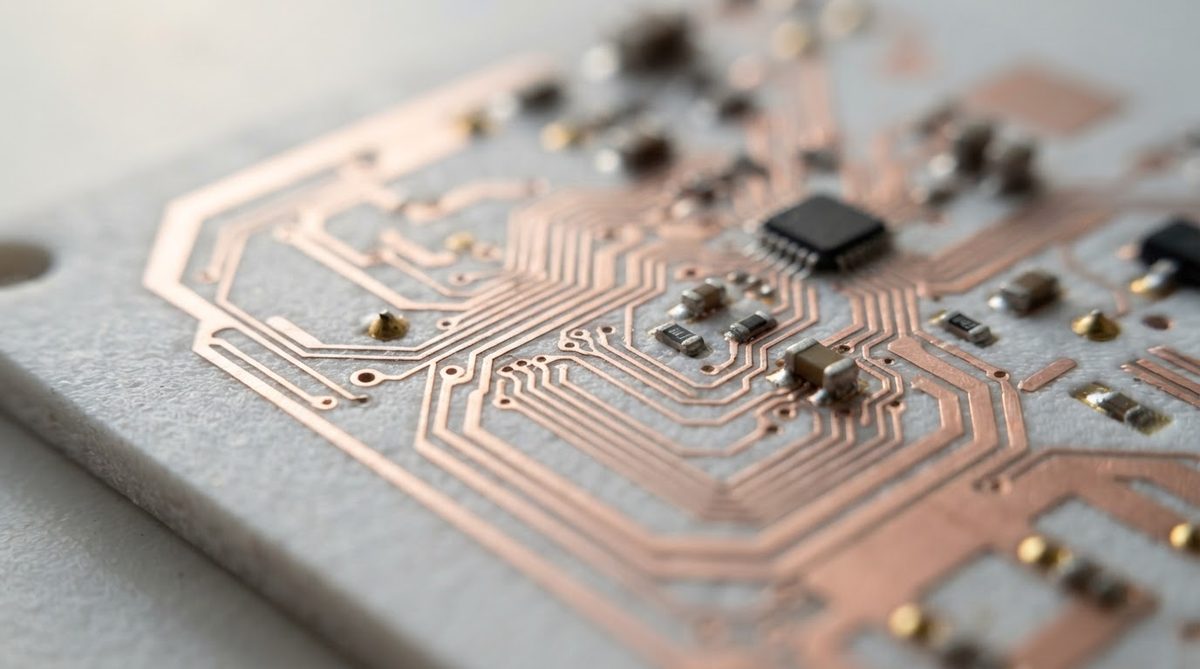 Fine copper traces on a white alumina ceramic PCB substrate