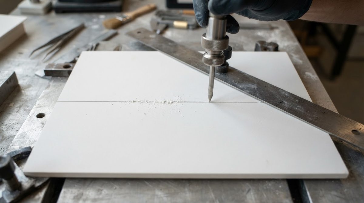 Diamond scribe tool scoring a groove across a ceramic substrate panel